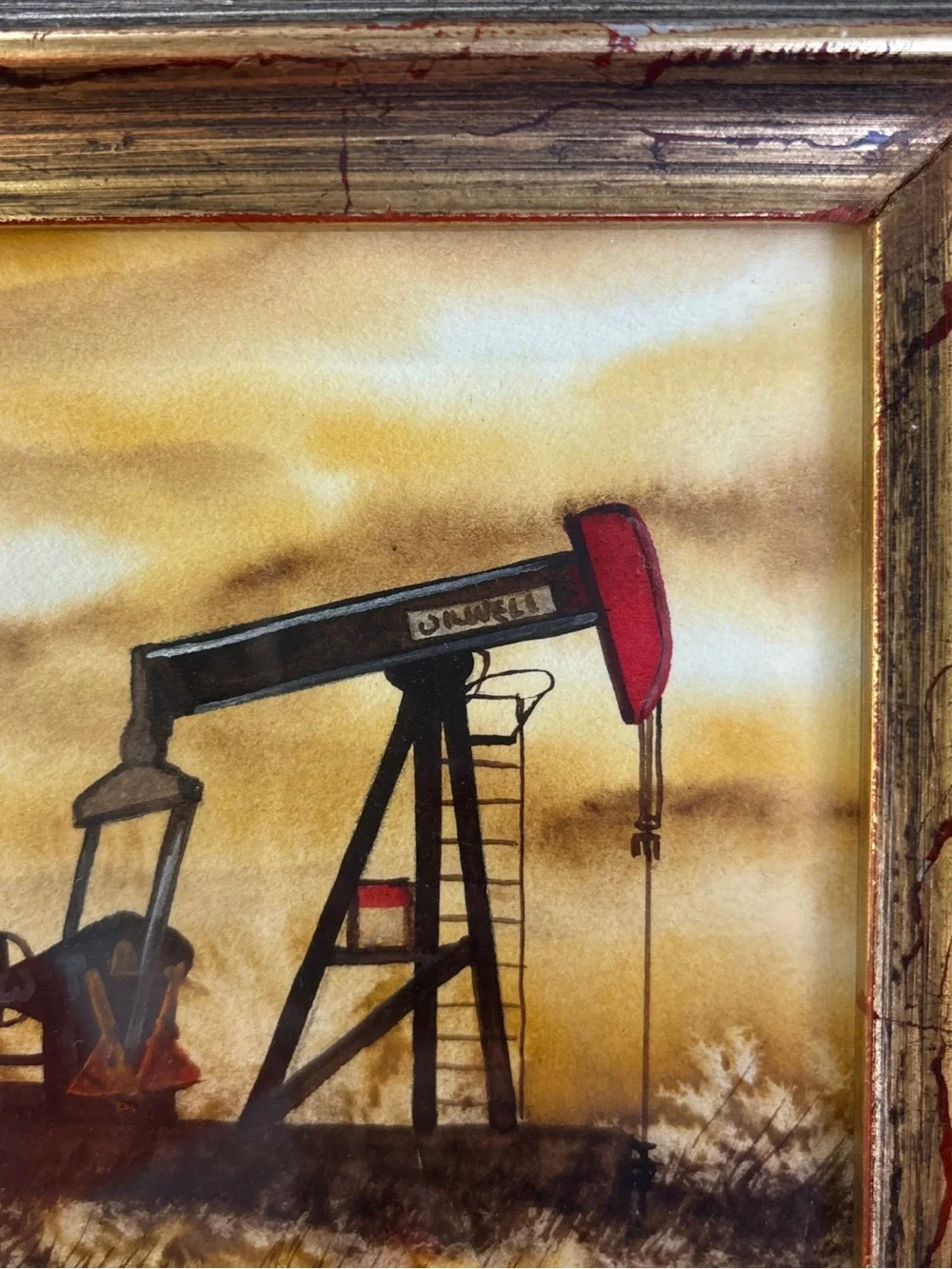 Vintage John Richey Original Miniature Oilfield Pump Jack Painting Texas Art